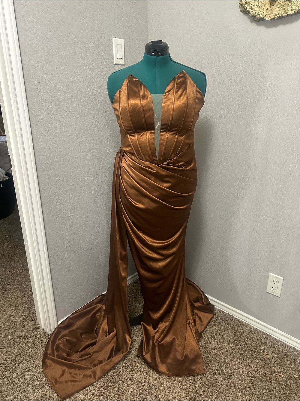 Portia and Scarlett Copper Satin Prom Dress with Sweetheart Neckline - Picture 2 of 4